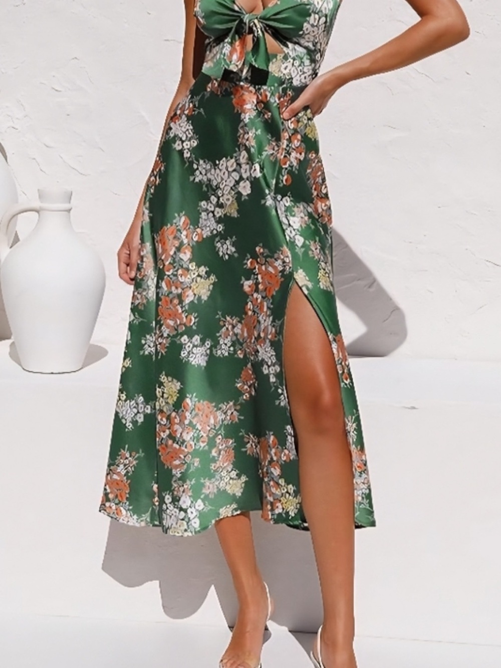 Green Floral Midi Skirt with Side Slit